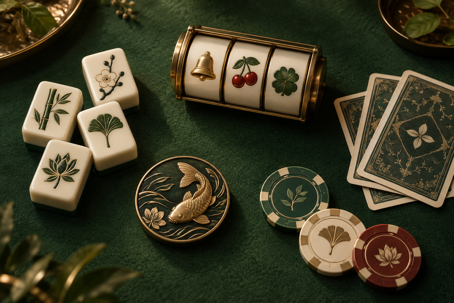 Ilustrasi gulungan slot, kartu, ubin dan keping di meja kasino